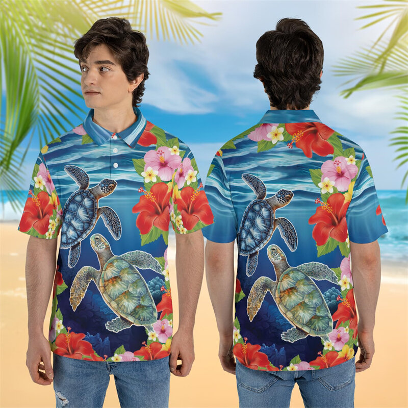 Polo gráfico tartaruga marinha masculina, camisa havaiana para férias, roupa aloha, manga curta, tops de botão, casual, verão