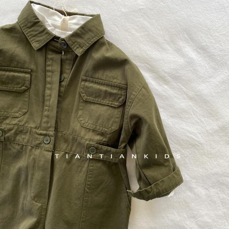 Kinder Overalls koreanische Kinder Kleidung Frühling Herbst reine Baumwolle Militär grün Turn-Down-Kragen Langarm Overalls