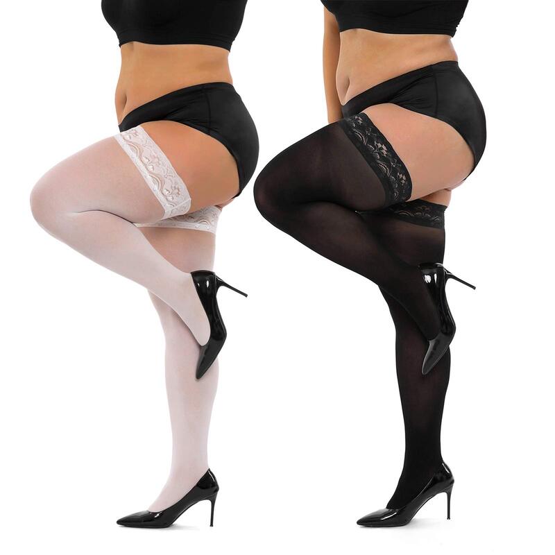 Mulheres sexy coxa meias longas plus tamanho meias preto branco laço superior sobre o joelho meias elásticas altas com silicone antiderrapante