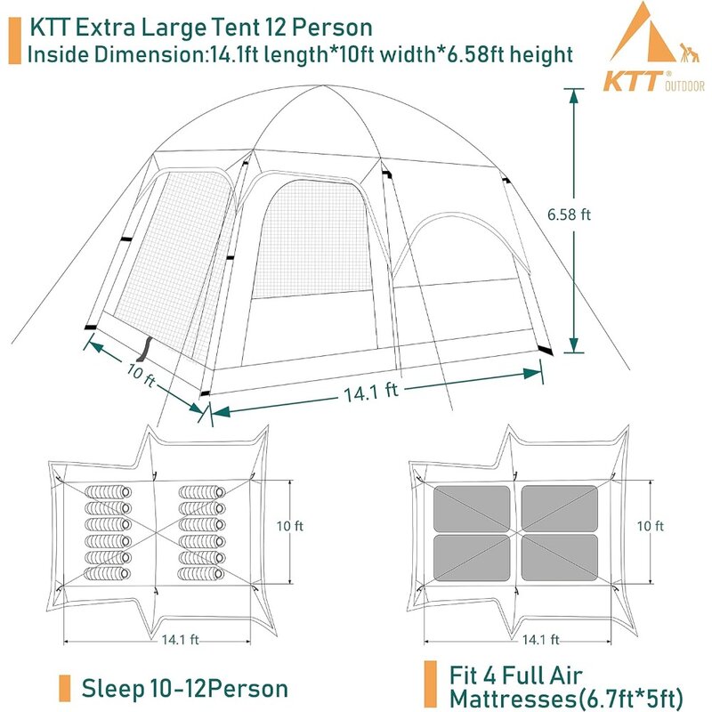 Tenda ekstra besar 12 orang, tenda keluarga kabin, 2 kamar, 3 pintu dan 3 jendela dengan jaring, dinding lurus, tahan air
