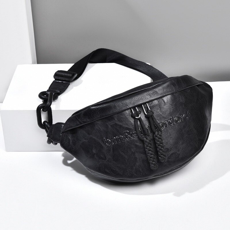 Women's Breast Bag Simple Leisure Chain Black PU Small Body Bag Sports Portable Ins Style Crossbody Bag