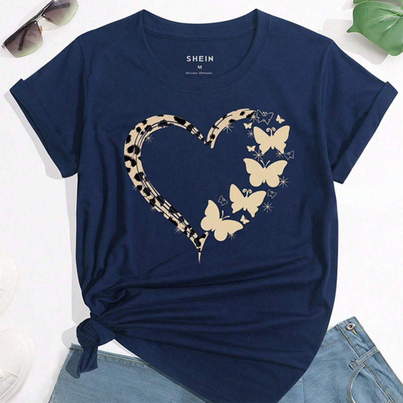 Women's New Crew-Neck Printed Love Butterfly Pattern Oversized Women's Blouse Y2K Style T-Shirt Casual Breathable Short Sleeve