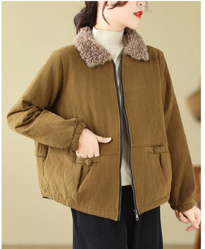 Disco literário Vintage feminino fivela casaco grosso, casaco de algodão monocromático de cordeiro, mangas compridas, streetwear com zíper, inverno