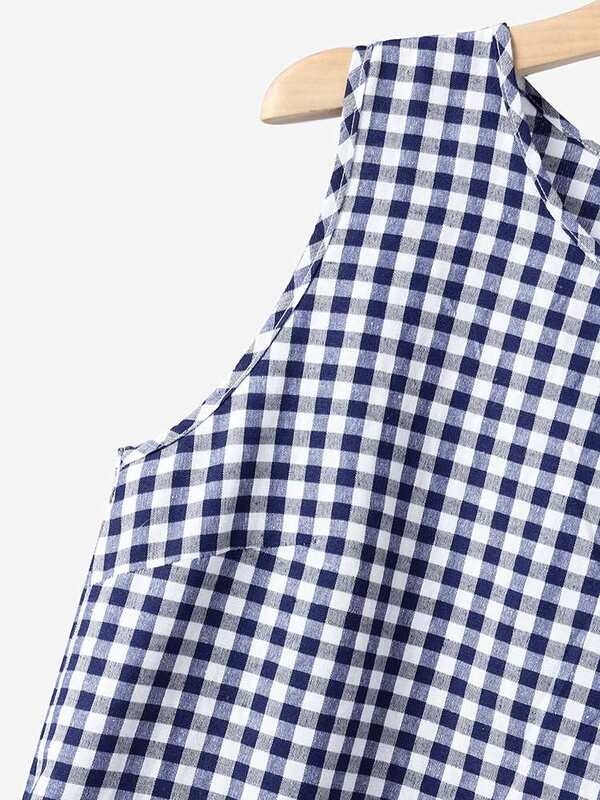Блузка ZANZEA Женская клетчатая с оборками на подоле, модная повседневная рубашка без рукавов, праздничная блузка с круглым вырезом, лето 2024