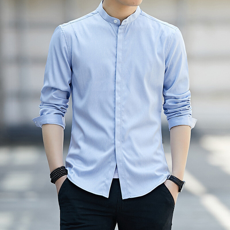 Рубашка мужская с воротником-стойкой, однотонная приталенная блузка с длинными рукавами, корейский стиль, Карго, на осень