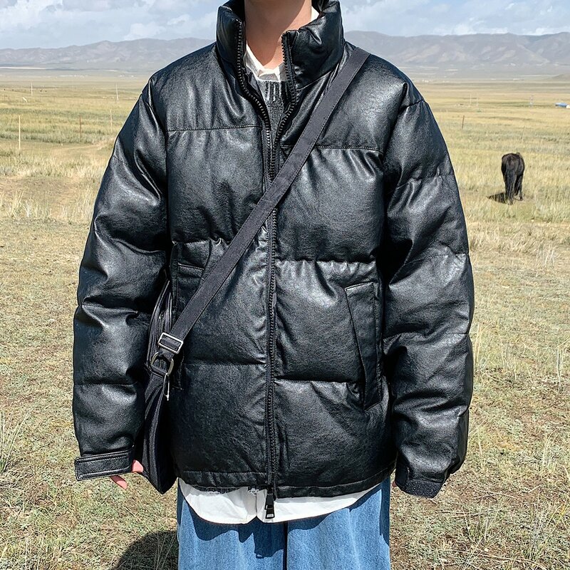 Jaqueta de couro brilhante masculina, blusa de algodão quente, casaco espesso, jaqueta exterior, roupa de alta qualidade, inverno, 2023