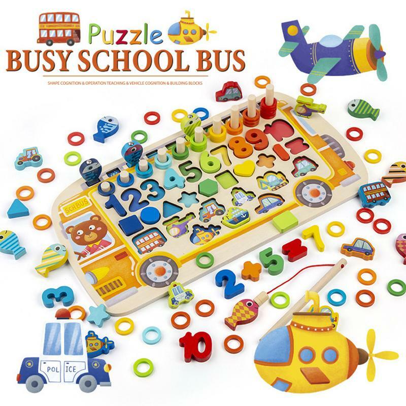 Puzzle angka kayu, mainan anak-anak pola angka huruf kartun hewan Puzzle kayu Montessori untuk bayi