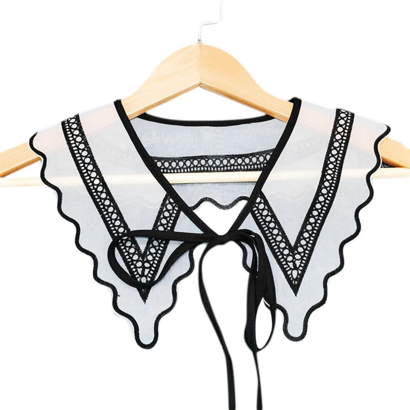 Châle Faux col en Organza pour femmes, couleur contrastée blanc, broderie exquise, garniture ondulée géométrique, Cape à