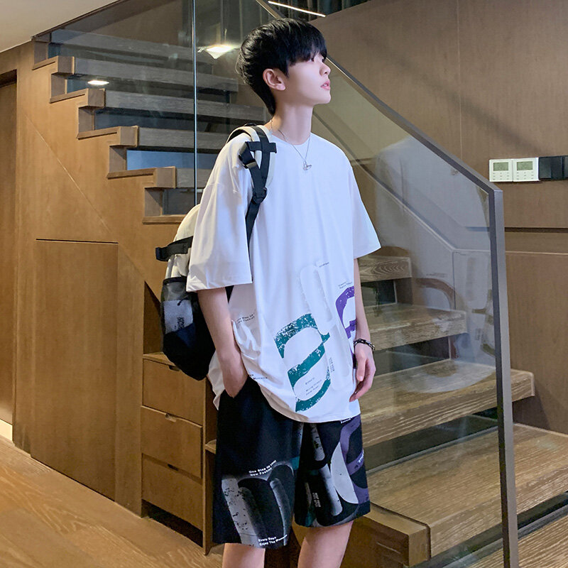 Letnie 2 sztuki męskie spodenki z T-shirt z nadrukiem ubranko z krótkim rękawem w stylu Casual, cienka luźny kombinezon do koszykówki koreański styl Hip Hop stroje męskie