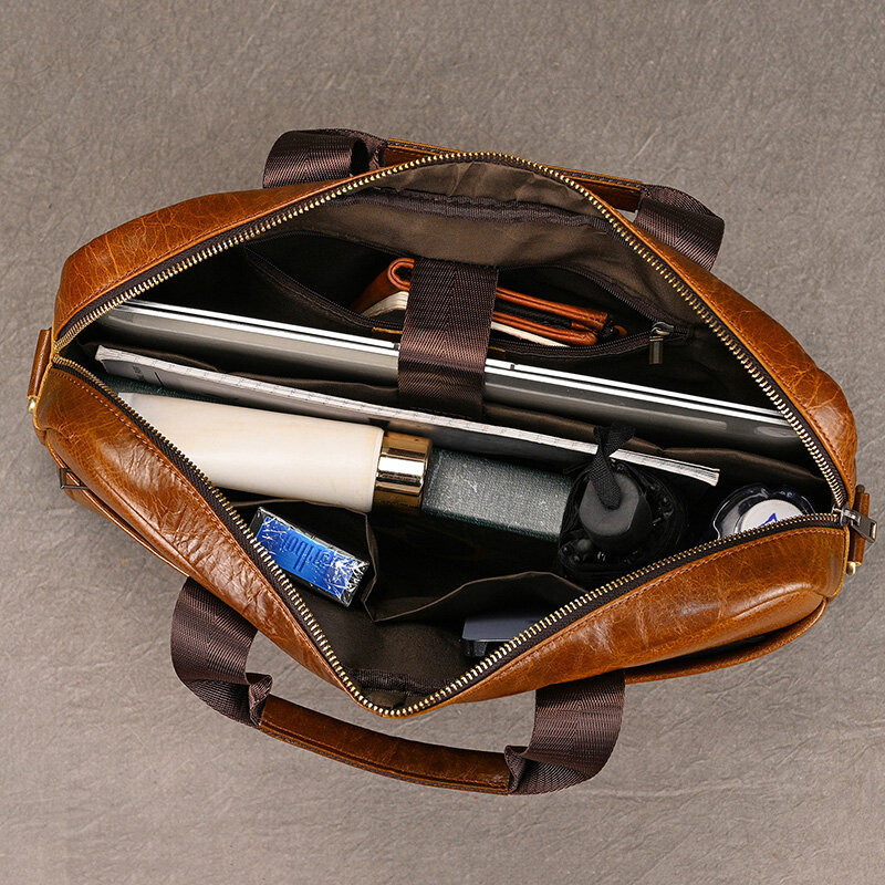 Genuine Leather Men's Business Handbag 15" Laptop Briefcase Bag Male A4 Document Shoulder Message Computer Bag Work Tote