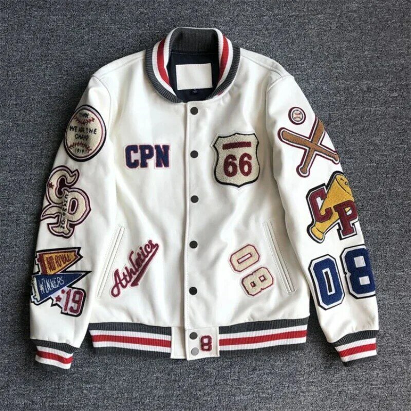Jaqueta de couro uniforme de beisebol masculina, tendência retrô, bordados para indústria pesada, casaco curto branco, venda quente, primavera e outono, Y2K