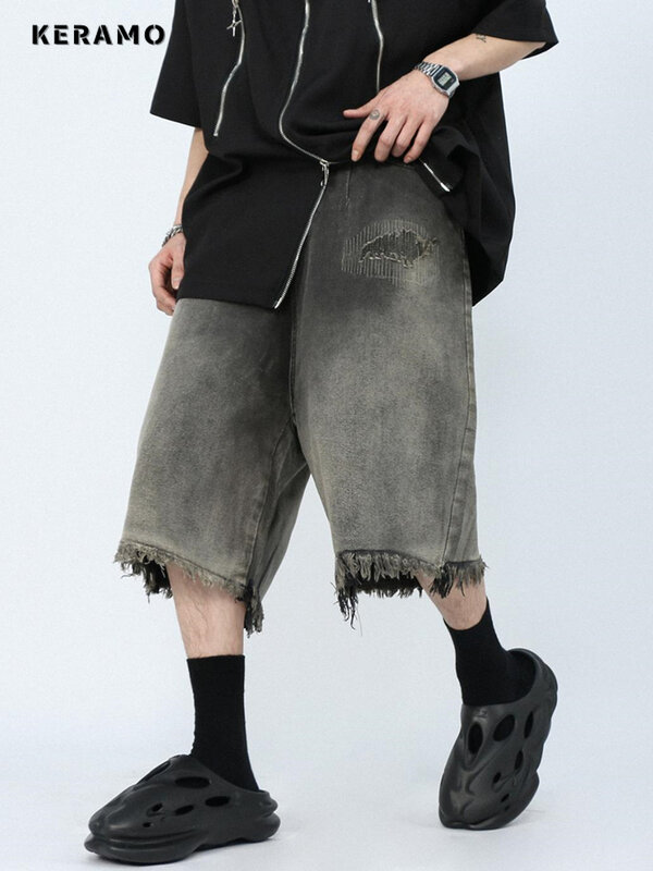 Pantaloncini di Jeans grigi neri a gamba larga con Design a bordo obliquo da donna stile Unisex Capris estate donna a vita alta Jeans larghi al ginocchio