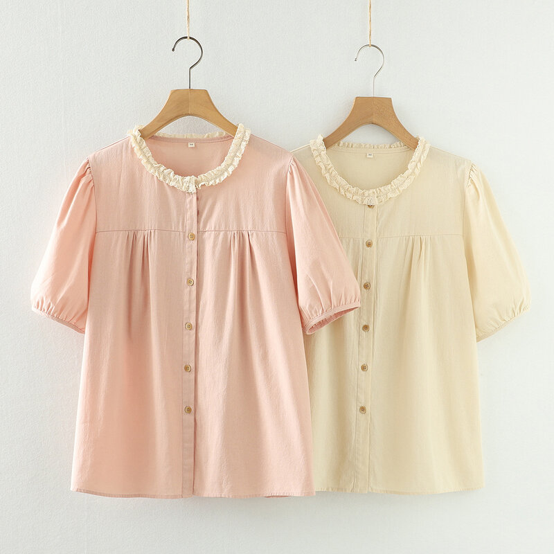 Mori Kei Kleidung 100% Baumwolle süße Spitze Stringy Web kante Patchwork solide rosa beige Hemden und Blusen Frauen Strickjacke