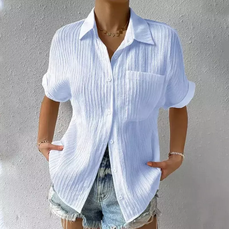 2024 nowy letni damski koszula na co dzień zapinany na klapę tunika z krótkim rękawem koszula biznesowa w stylu Casual, biurowy koszula biurowa kobiecość Top