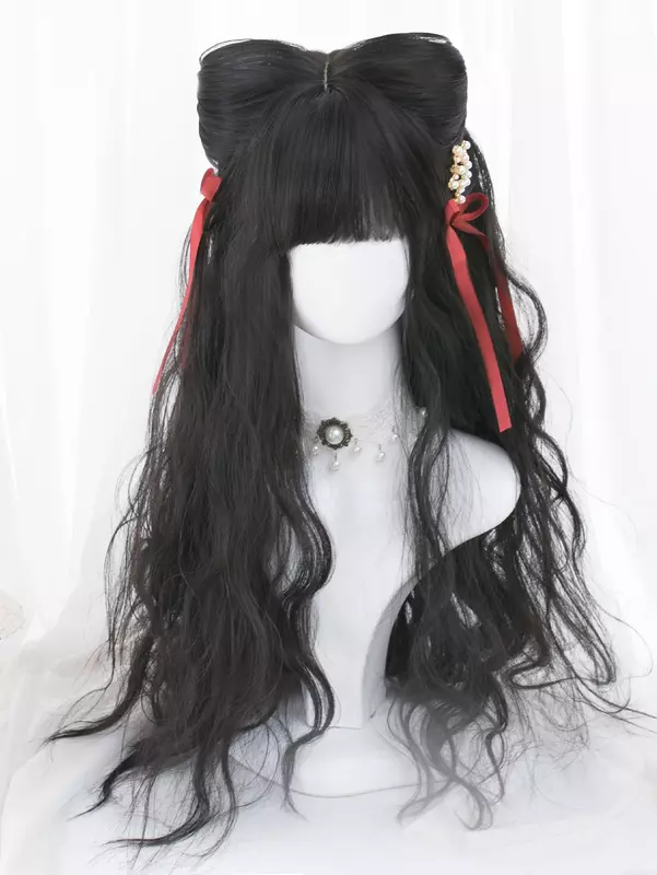 26 Zoll natürliche schwarze synthetische Perücken mit Knall lange natürliche gewellte Haar perücke für Frauen täglichen Gebrauch Cosplay Party hitze beständige Lolita