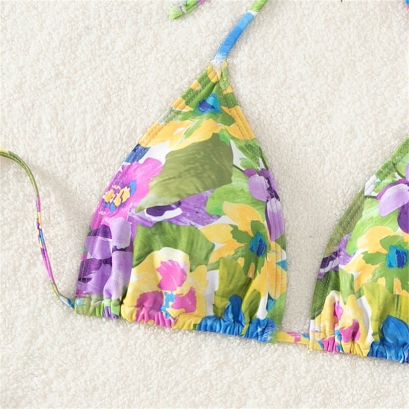 Seaside Bathing Set for Women Summer Headband Bra Thong Pleated Skirt Floral Bathing Suits Halters String Swimwear
