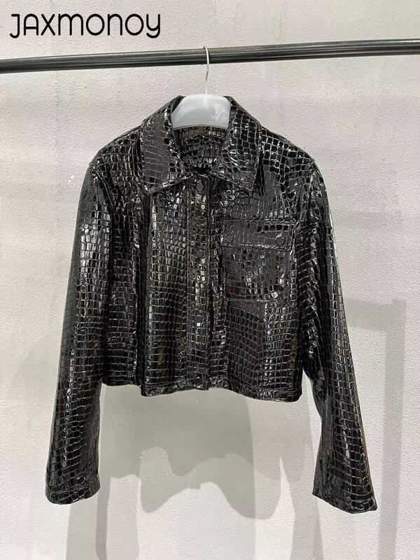 Jaxmonoy jaket kulit asli wanita, jaket kulit asli pola buaya musim semi 2023, pakaian luar musim gugur Vintage warna hitam