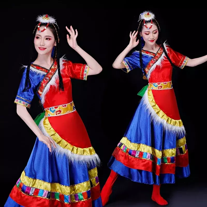 Высококачественные тибетские танцевальные костюмы для представлений, Этнические женские танцевальные костюмы Xizang Zhuoma, квадратный танцевальный костюм