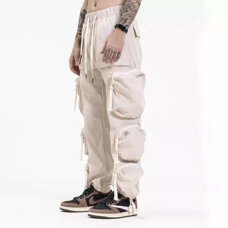 Modne męskie spodnie Cargo z kieszeniami 3D Hip Hop Street spodnie typu Casual spodnie dresowe z wieloma spodenkami i sznurkami XL