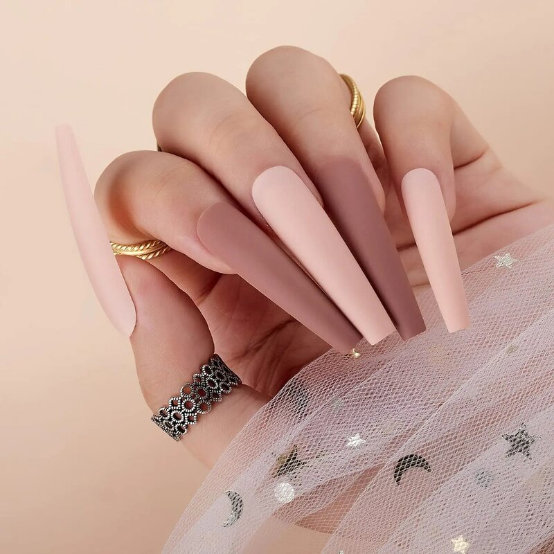 Makart Press On Nails Kit XXL lungo, colla sulle unghie punte per unghie acriliche unghie finte francesi Nude & Pink 12 taglie 24 pezzi unghie bara