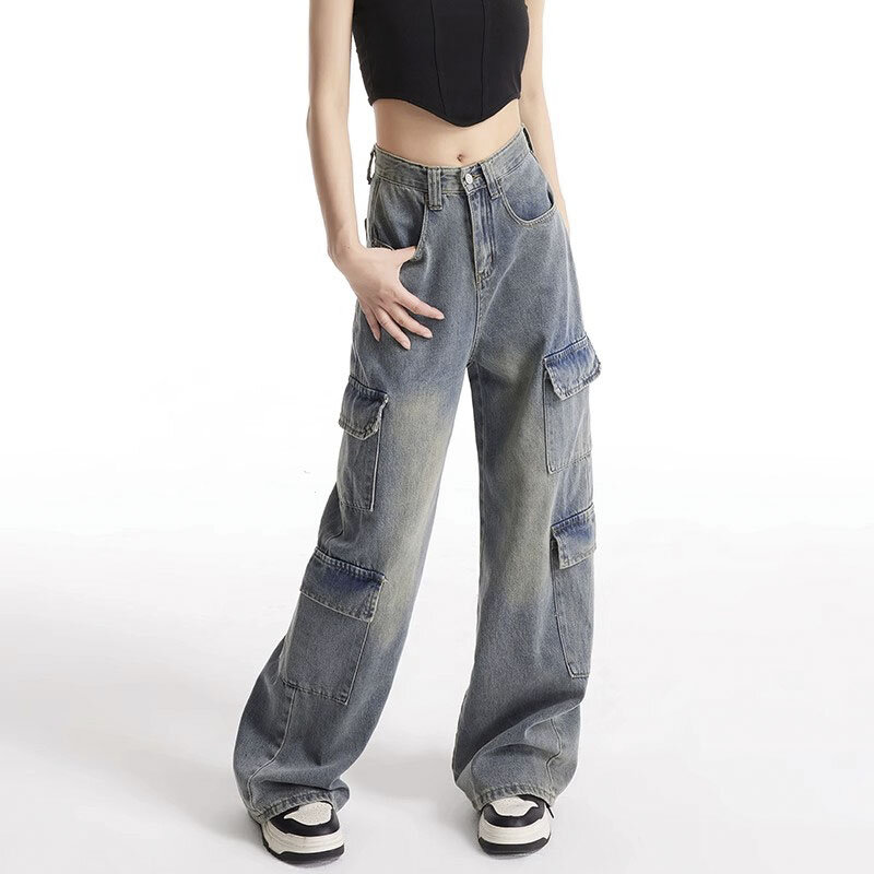 Hoge Taille Wijde Pijpen Cargo Jeans Voor Dames Vintage Mode Streetwear Design Jeans Amerikaanse Wasbroek Denim Broek