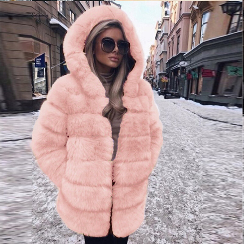 2023 Hooded Fluffy Jacket Women Long Faux Fur Coat Winter Thick Warm Furry Outerwear Faux Fur Coats and Jackets Manteau Femme