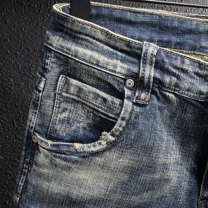 Джинсы мужские Стрейчевые в стиле ретро, модные дизайнерские рваные джинсы Slim Fit, винтажные повседневные брюки из денима, черные синие