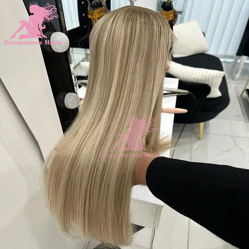 Perruque Full Lace Wig sans colle brésilienne naturelle, cheveux lisses, pre-plucked, swd'appareils lace transparente, mélange brun et blond
