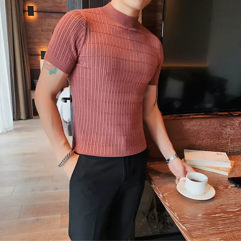 Brand Clothing Spring Half High Neck Solid Color Round Neck Striped T-shirt Fashion Men Slim Fit Casual Knitted Pullover Tee Top