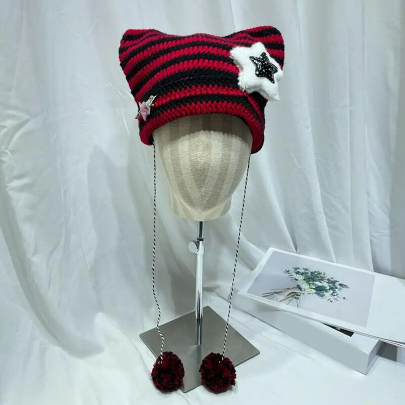 Bonnet d'oreille de chat de style japonais avec pendentif boule en peluche, design rayé, chapeau imprimé ogo, automne, hiver