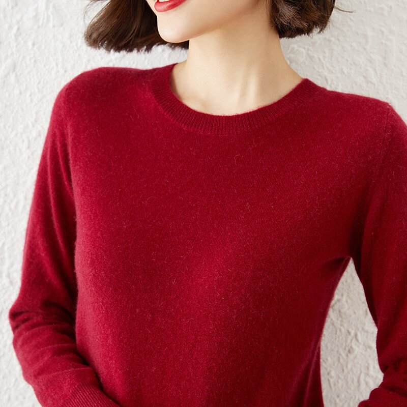 Damen-Rundhals pullover, lockeres und vielseitiges Oberteil für Herbst und Winter, eleganter und einfacher Strick pullover mit schmaler Passform