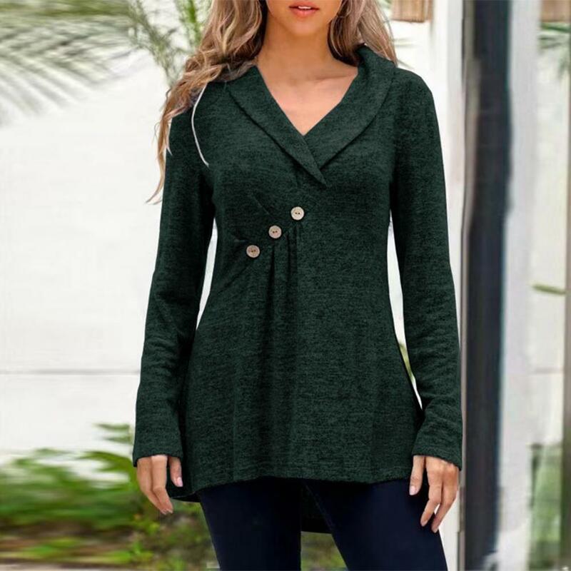 V Neck Lapel Long Sleeve Buttons T-shirt Pleated Autumn Blouse Spring Autumn Solid Color Loose Tunic Pullover Top Streetwear