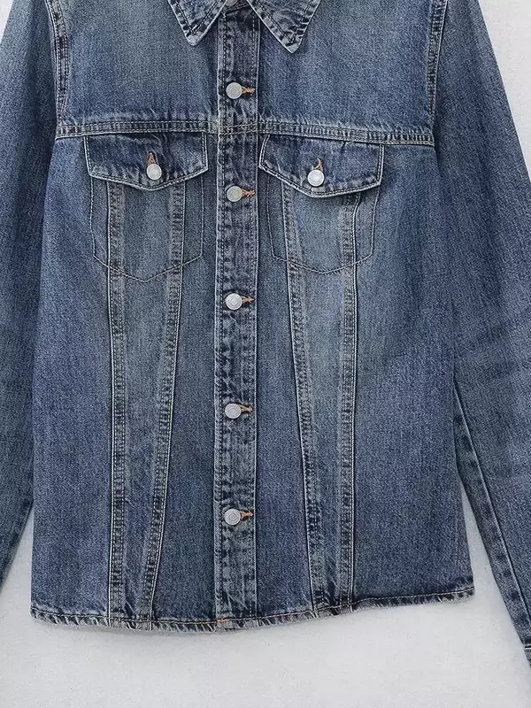 Женская Джинсовая блузка на пуговицах, Повседневная облегающая блузка с длинным рукавом и карманами, в винтажном стиле, 2023