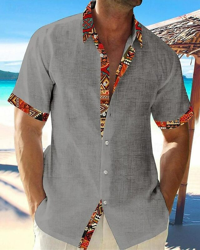 Camisa havaiana vintage de botão masculino, manga curta, bloco de cor, lapela tribal, roupa respirável, verão
