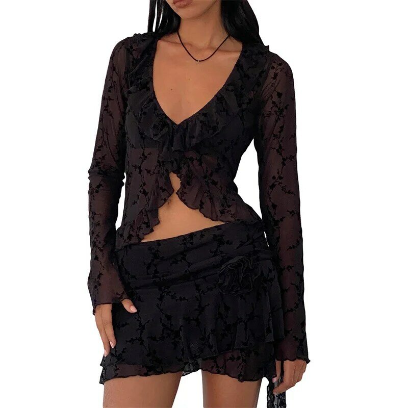 2 Piece Skirt Outfits Women Sexy Clothes Black Long Sleeve V Neck Lace Floral Tops Mini Ruffle Skirt y2k Clothing Set Clubwear