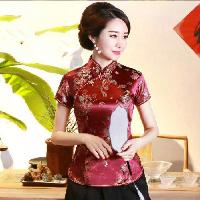 Plus Size chiński styl klasyczny bluzka wiosna lato kobieta Tang stylowy Top koszula Retro mandaryński kołnierz brokat Overshirt 3XL 4XL