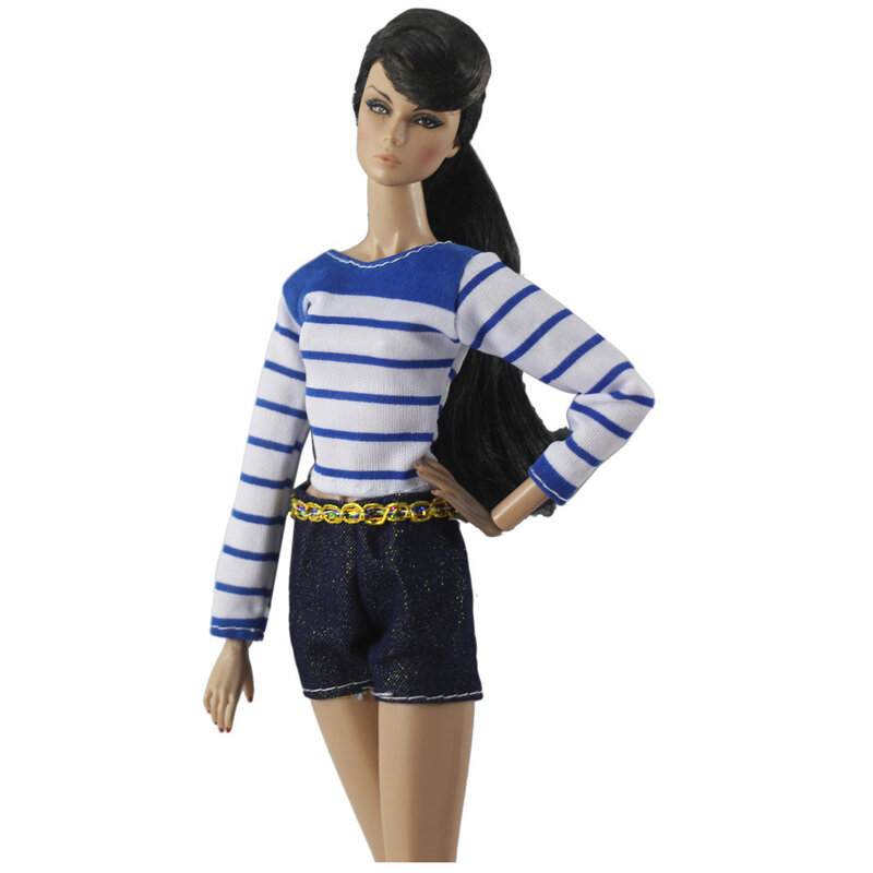 NK Offizielle 1 Set Mode Täglichen Casual Outfit Blau Sripe T-shirt Jeans Hosen Casual Kleidung für Barbie Puppe Zubehör