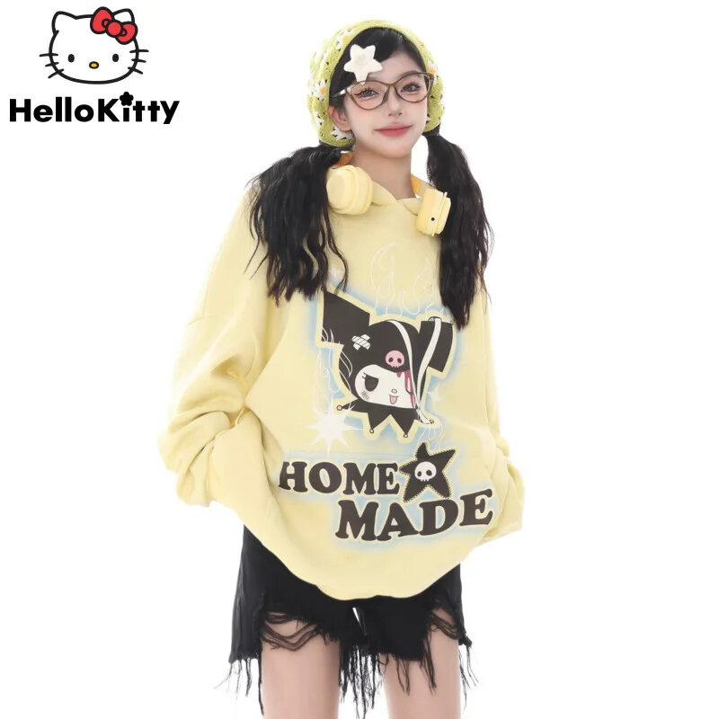 Sanrio Kuromi pakaian baru 2024 Hoodie gambar kartun estetika cetak Streetwear wanita Hoodie trendi ukuran besar Hoodie 2000 pasangan Pullover