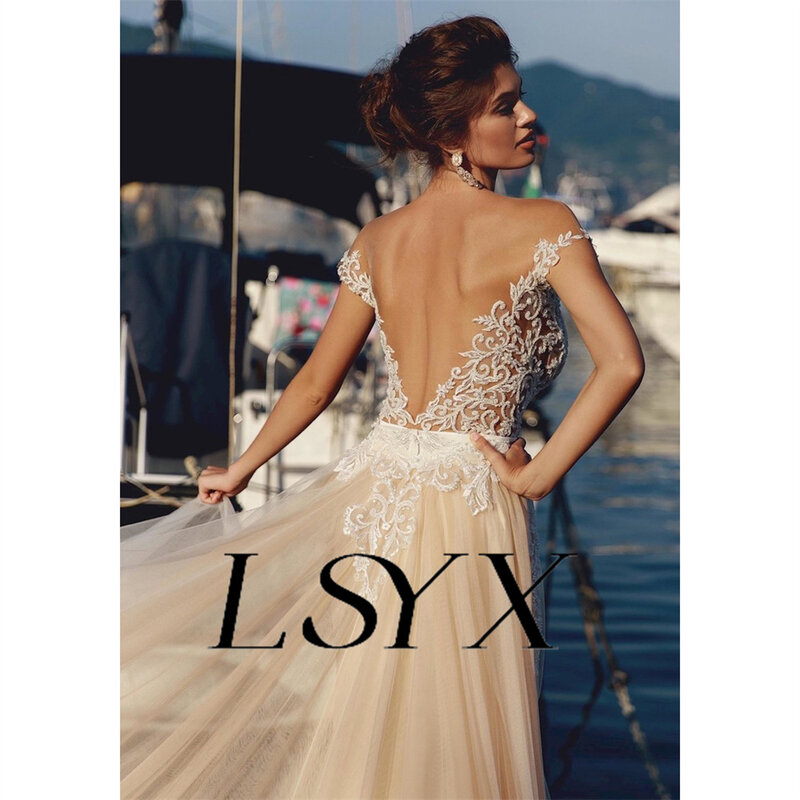 LSYX Boho Off-Shoulder Appliques Deep V-Neck Crepe Mermaid Wedding Dress Illusion Back Court Train Bridal Gown Custom Made
