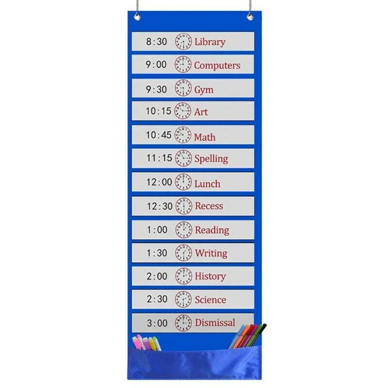 Children Cloth Daily Schedule Pocket Chart 26 Double-Sided Reusable Dry-Eraser Cards For Office Home School Classroom