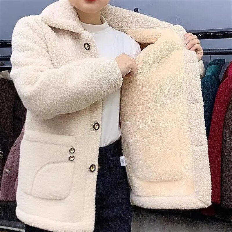 New Winter Jacket Plus Velvet Thick Warm Coat Women Lamb Fur Coat Mid-Long Lady's Grain Velvet Loose Coat Female Jacket