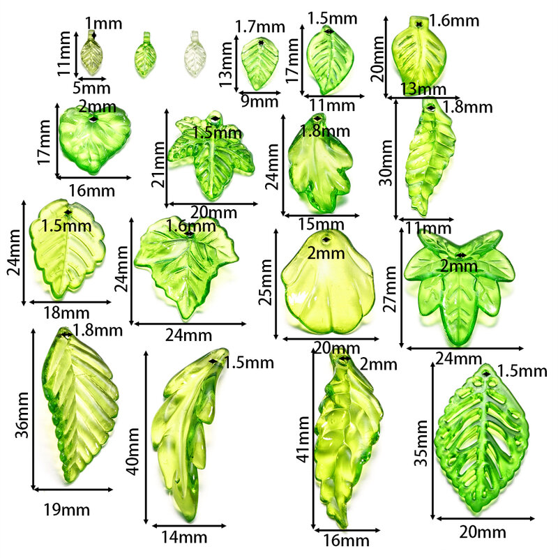 緑のアクリルの葉のチャーム,葉のビーズ,日曜大工のネックレス,ブレスレット,イヤリング,手作りの工芸品,10-100個