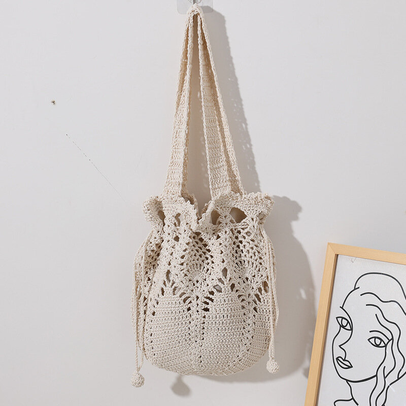 Fairy Flower Bucket Knitting Bag Hollow Out Cotton Thread Hand Woven Bag Seaside Holiday Beach Bag Leisure String Totes