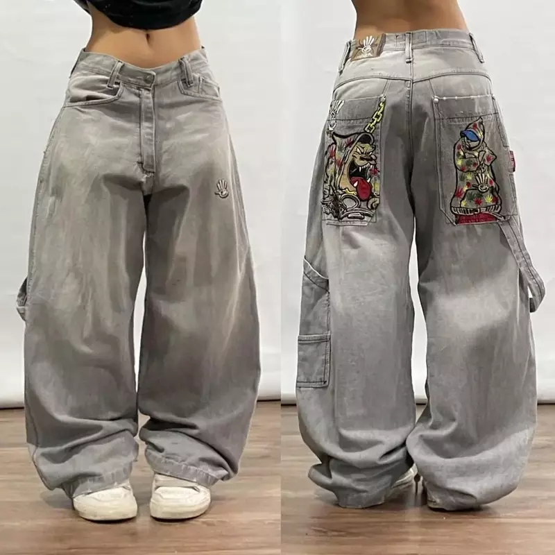 American Fashion Individuality Jeans Women's Vintage Pattern Embroidery Baggy High Waist Street Wear Women's Gothic Pants