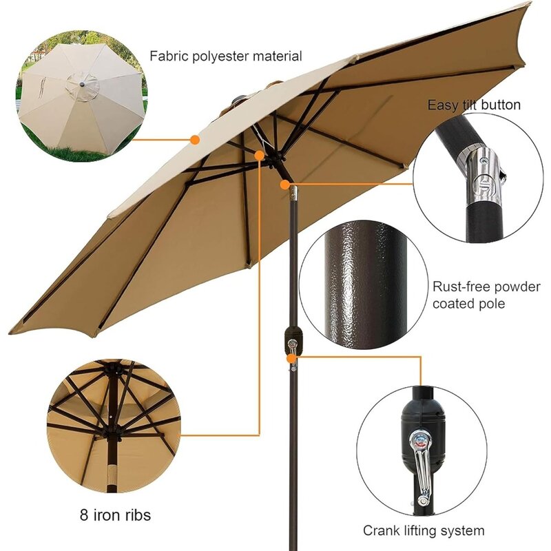 Blissun 9' Outdoor Patio Umbrella, Outdoor Table Umbrella, Yard Umbrella, Market Umbrella with 8 Sturdy Ribs, Push Button Tilt