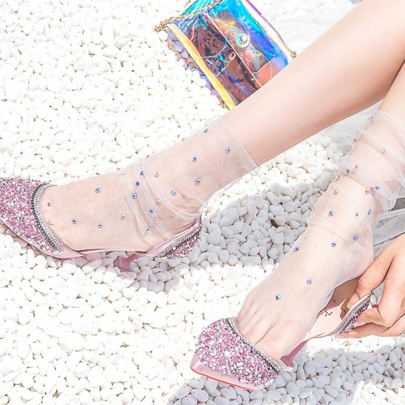 Shine Crystal Tulle Socks Women Transparent Mesh Socks Female Thin Socks Dress Sock Streetwear Fishnet Socks