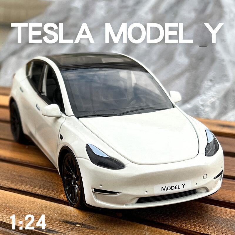 Tesla-modelo Y 3 de aleación de Metal fundido a presión para niños, juguete coleccionable con sonido Y luz, regalos de cumpleaños, 1:24