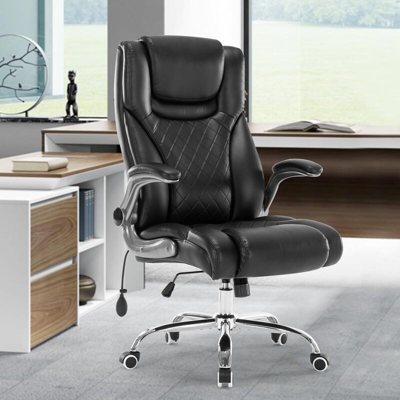 PU cadeira giratória de couro com braços flip-up, apoio lombar ajustável, mesa do escritório executivo, cadeira do computador encosto alto