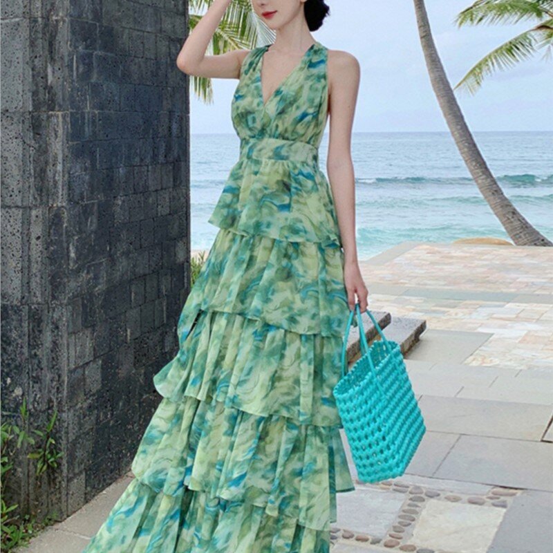 Holiday Travel Suitable for Seaside Photograph Skirt Atmosphere French Style V-neck Halter Dress Summer