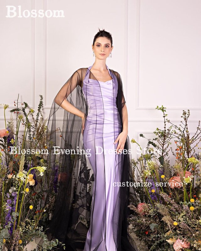 Simple Halter Lilac Evening Dresses For Prom With Black Tulle Jacket Floor-length Elegant Women Wedding Party Dress Vestidos De